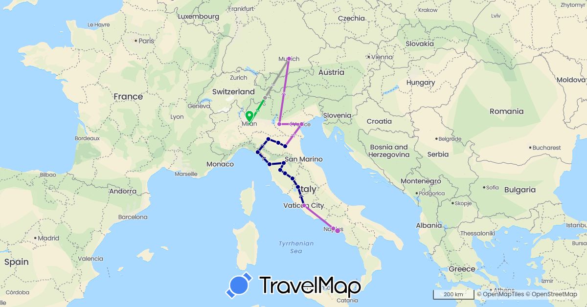TravelMap itinerary: driving, bus, plane, train in Germany, Italy (Europe)